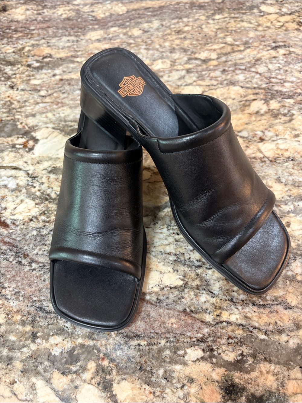 NWOT Harley-Davidson Black Leather Open-Toe Mule Sandals